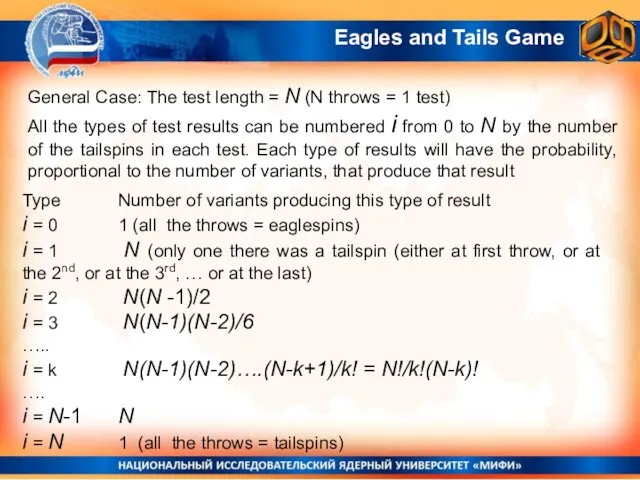 General Case: The test length = N (N throws = 1