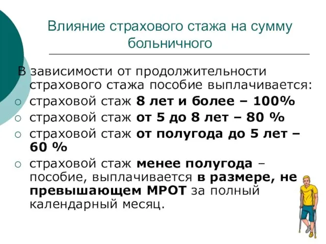 Влияние страхового стажа на сумму больничного В зависимости от продолжительности страхового