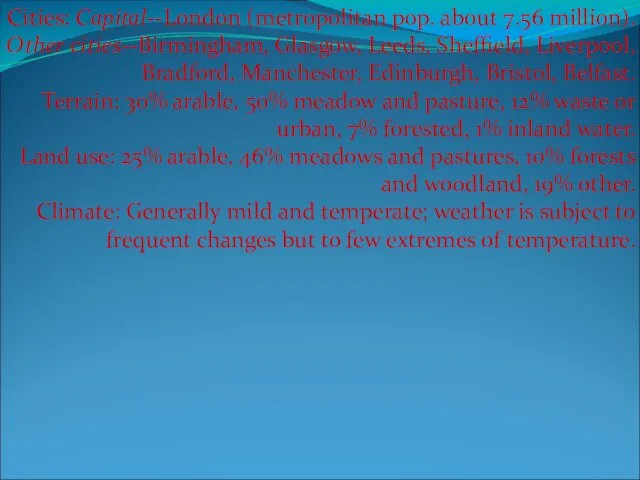 Cities: Capital--London (metropolitan pop. about 7.56 million). Other cities--Birmingham, Glasgow, Leeds,