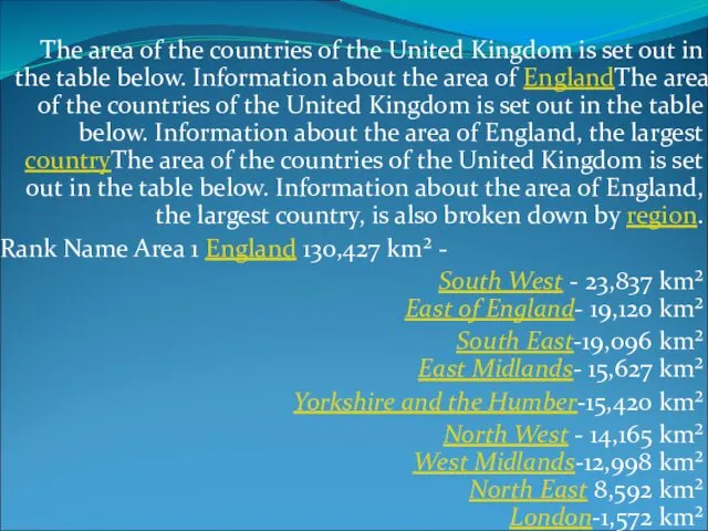 The area of the countries of the United Kingdom is set