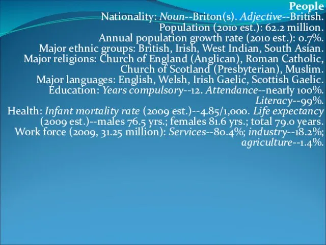 People Nationality: Noun--Briton(s). Adjective--British. Population (2010 est.): 62.2 million. Annual population