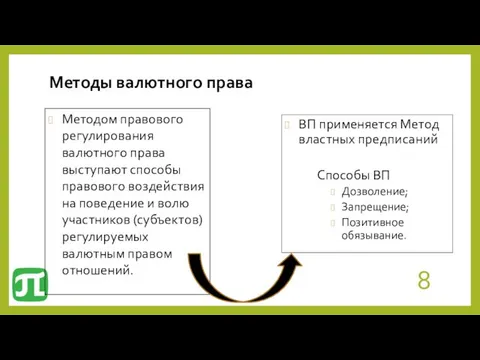 Методы валютного права Методом правового регулирования валютного права выступают способы правового