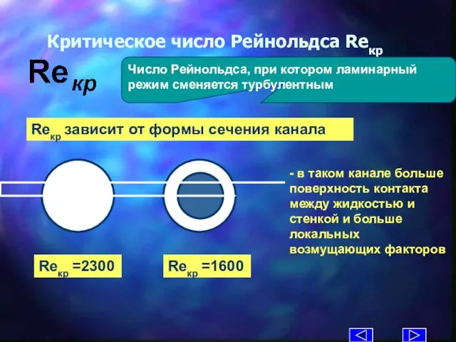 Критическое число Рейнольдса Reкр Число Рейнольдса, при котором ламинарный режим сменяется