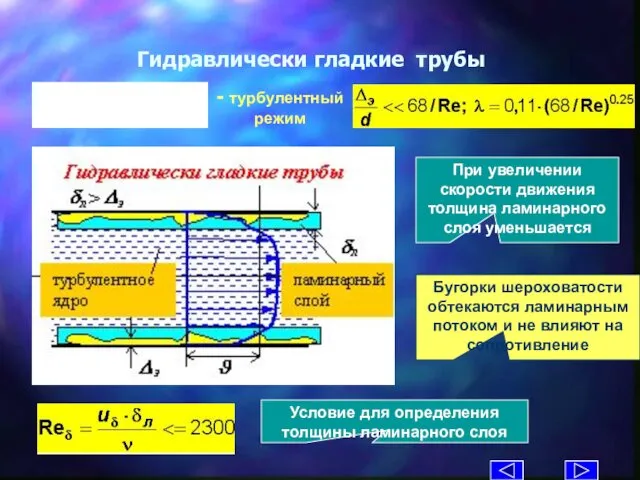 Гидравлически гладкие трубы При увеличении скорости движения толщина ламинарного слоя уменьшается