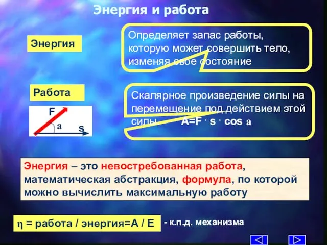 Энергия и работа Энергия Энергия – это невостребованная работа, математическая абстракция,