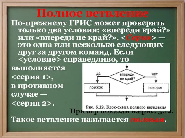 Полное ветвление По-прежнему ГРИС может проверять только два условия: «впереди край?»