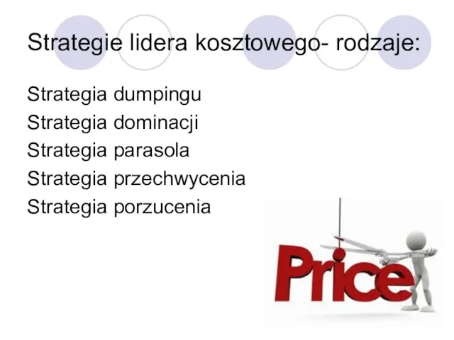 Strategie lidera kosztowego- rodzaje: Strategia dumpingu Strategia dominacji Strategia parasola Strategia przechwycenia Strategia porzucenia