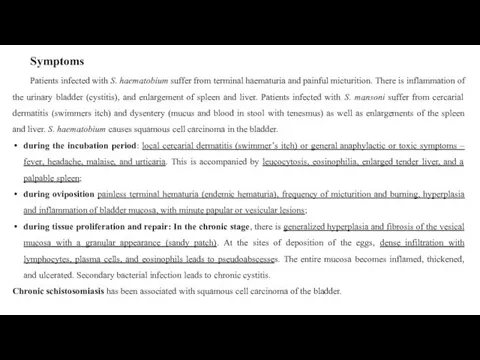 Symptoms Patients infected with S. haematobium suffer from terminal haematuria and