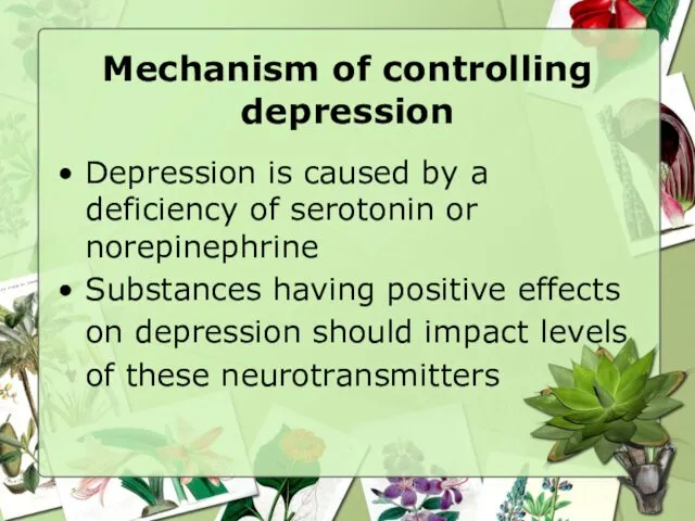 Mechanism of controlling depression Depression is caused by a deficiency of