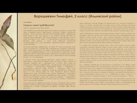 Ворошкевич Тимофей, 2 класс (Ильинский район) Сочинение Горжусь своей прабабушкой! Педагог: