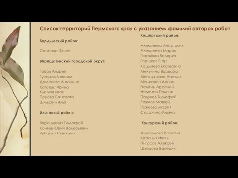 Список территорий Пермского края с указанием фамилий авторов работ Бардымский район: