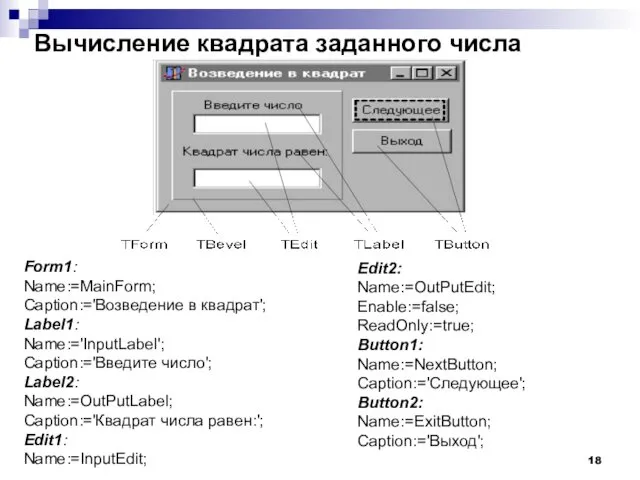 Вычисление квадрата заданного числа Form1: Name:=MainForm; Caption:='Возведение в квадрат'; Label1: Name:='InputLabel';