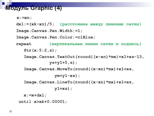 Модуль Graphic (4) x:=xn; dxl:=(xk-xn)/5; {расстояние между линиями сетки} Image.Canvas.Pen.Width:=1; Image.Canvas.Pen.Color:=clBlue;