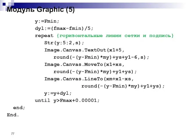 Модуль Graphic (5) y:=Fmin; dyl:=(fmax-fmin)/5; repeat {горизонтальные линии сетки и подпись}