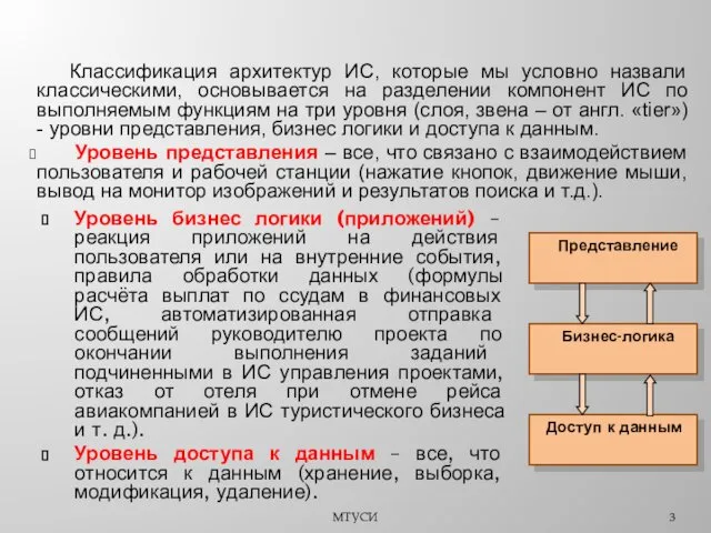 МТУСИ Уровень бизнес логики (приложений) – реакция приложений на действия пользователя