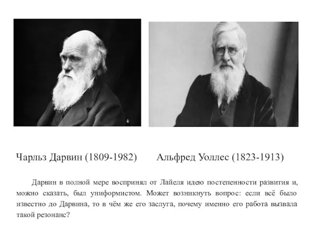 Чарльз Дарвин (1809-1982) Альфред Уоллес (1823-1913) Дарвин в полной мере воспринял