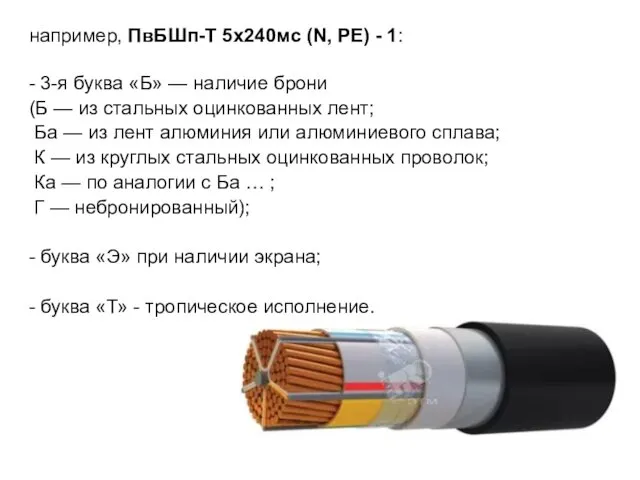 например, ПвБШп-Т 5х240мс (N, PE) - 1: - 3-я буква «Б»