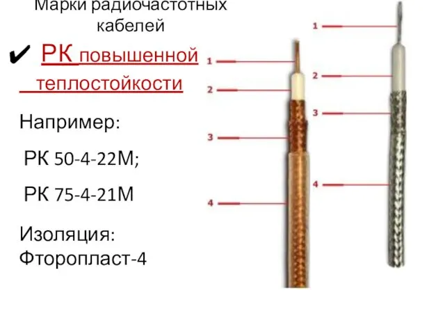 Марки радиочастотных кабелей РК повышенной теплостойкости Например: РК 50-4-22М; РК 75-4-21М Изоляция: Фторопласт-4