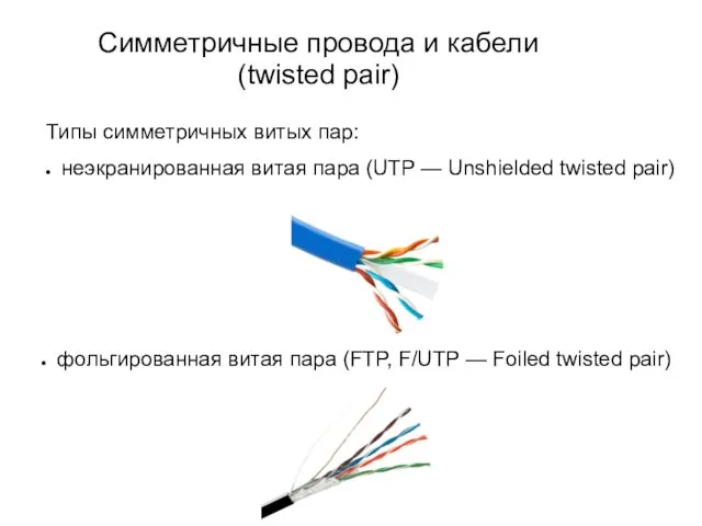 Симметричные провода и кабели (twisted pair) Типы симметричных витых пар: неэкранированная