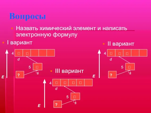 Вопросы I вариант Назвать химический элемент и написать электронную формулу III вариант