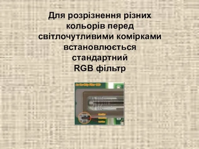 Для розрізнення різних кольорів перед світлочутливими комірками встановлюється стандартний RGB фільтр