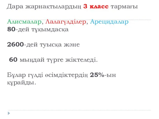 Дара жарнақтылардың 3 класс тармағы Алисмалар, Лалагүлділер, Арецидалар 80-дей тұқымдасқа 2600-дей