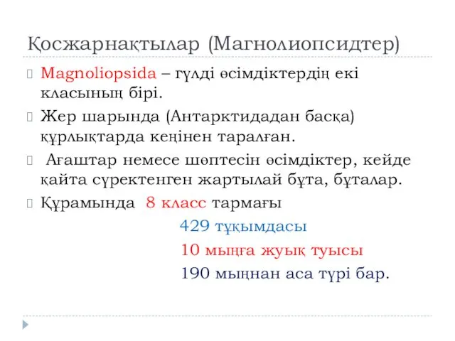 Қосжарнақтылар (Магнолиопсидтер) Magnolіopsіda – гүлді өсімдіктердің екі класының бірі. Жер шарында