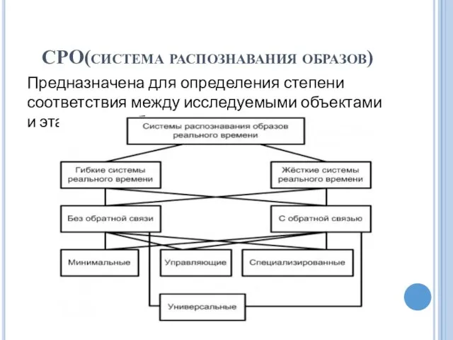 СРО(система распознавания образов) Предназначена для определения степени соответствия между исследуемыми объектами и эталонным образом.