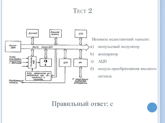 Тест 2 Правильный ответ: с Назовите недостающий элемент: импульсный модулятор компаратор АЦП модуль преобразования входного сигнала