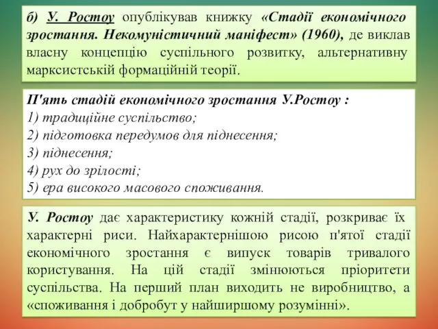 б) У. Ростоу опублікував книжку «Стадії економічного зростання. Некомуністичний маніфест» (1960),