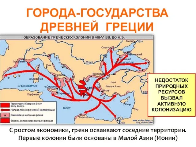 ГОРОДА-ГОСУДАРСТВА ДРЕВНЕЙ ГРЕЦИИ С ростом экономики, греки осваивают соседние территории. Первые