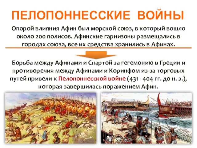 ПЕЛОПОННЕССКИЕ ВОЙНЫ Опорой влияния Афин был морской союз, в который вошло