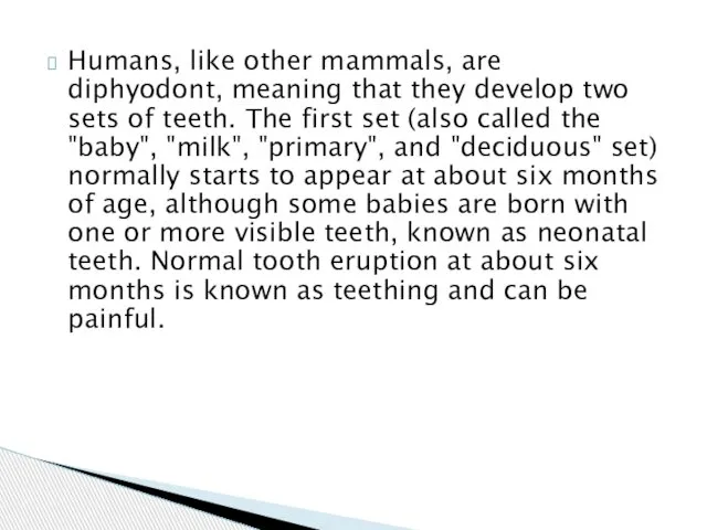 Humans, like other mammals, are diphyodont, meaning that they develop two