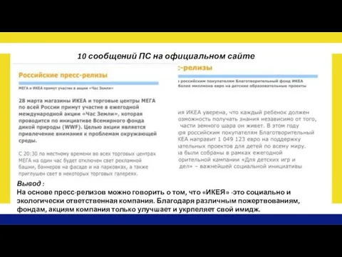 10 сообщений ПС на официальном сайте Вывод : На основе пресс-релизов