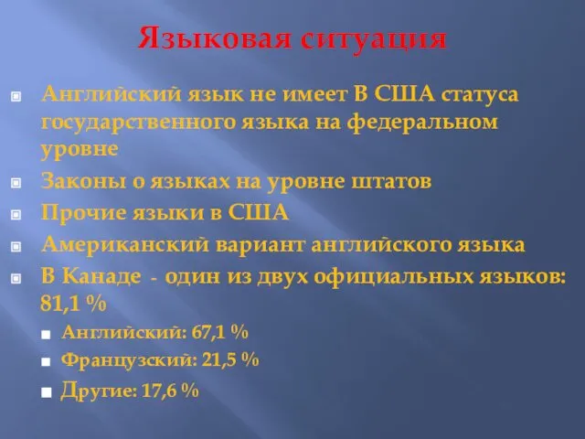 Языковая ситуация Английский язык не имеет В США статуса государственного языка