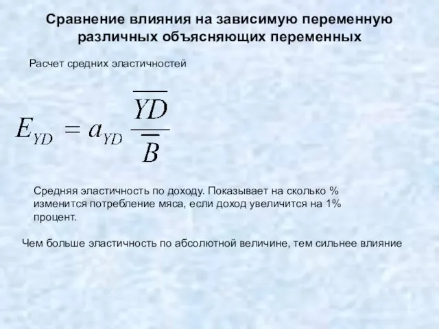 Сравнение влияния на зависимую переменную различных объясняющих переменных Средняя эластичность по