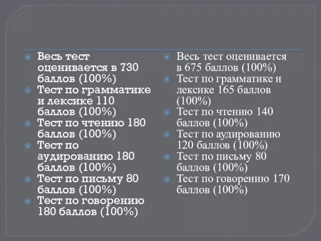 Весь тест оценивается в 730 баллов (100%) Тест по грамматике и