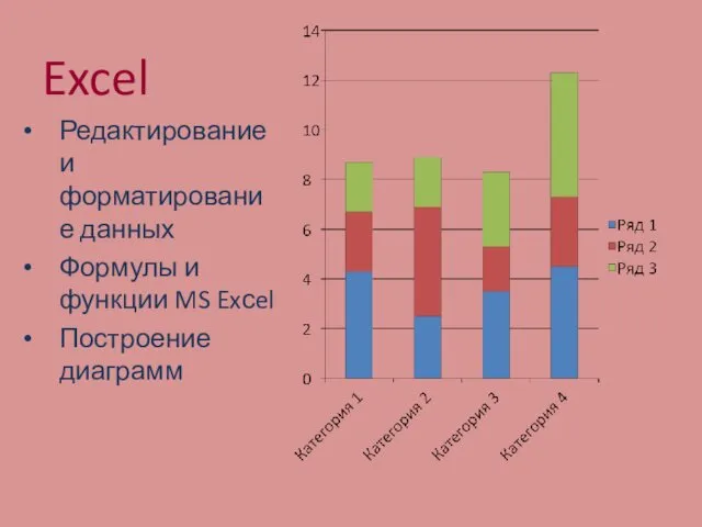 Excel Редактирование и форматирование данных Формулы и функции MS Exсel Построение диаграмм