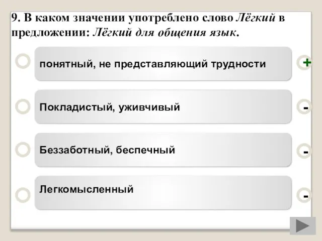 9. В каком значении употреблено слово Лёгкий в предложении: Лёгкий для