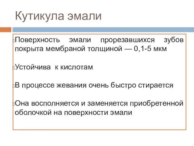 Кутикула эмали Поверхность эмали прорезавшихся зубов покрыта мембраной толщиной — 0,1-5