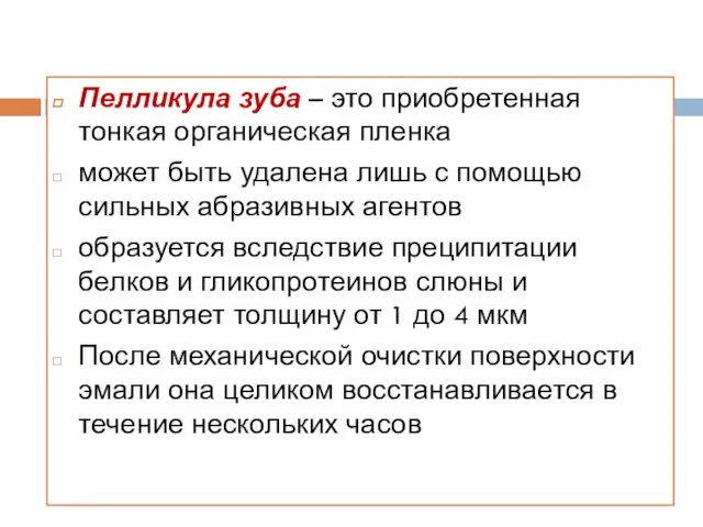 Пелликула зуба – это приобретенная тонкая органическая пленка может быть удалена