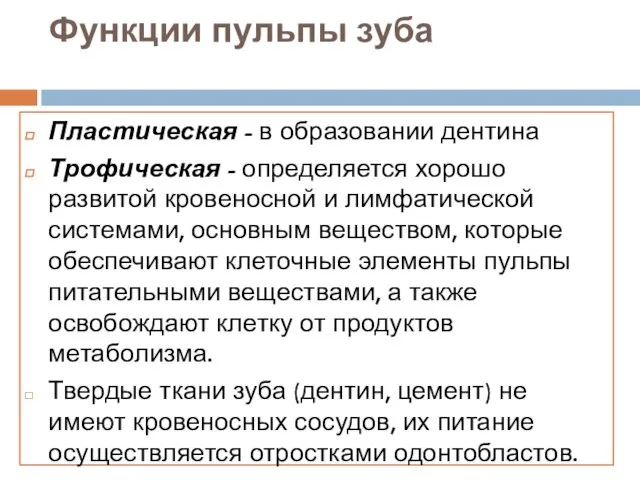 Функции пульпы зуба Пластическая - в образовании дентина Трофическая - определяется