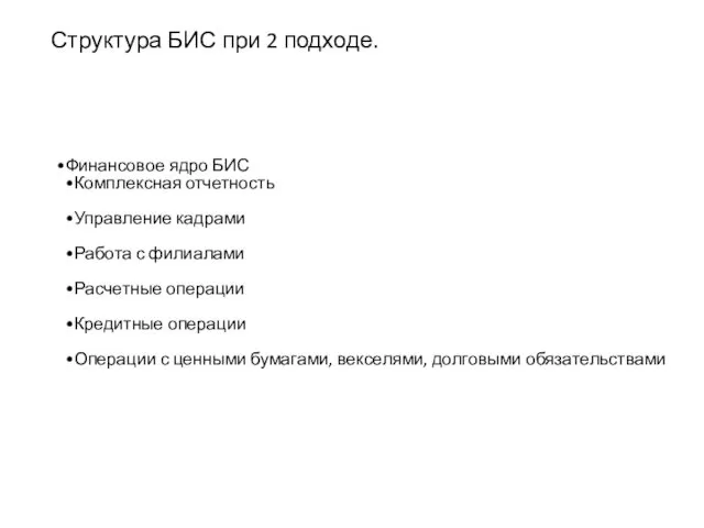 Финансовое ядро БИС Комплексная отчетность Управление кадрами Работа с филиалами Расчетные