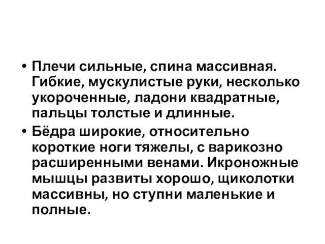 Плечи сильные, спина массивная. Гибкие, мускулистые руки, несколько укороченные, ладони квадратные,