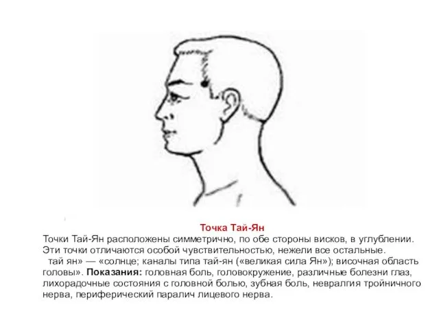 Точки Тай-Ян расположены симметрично, по обе стороны висков, в углублении. Эти