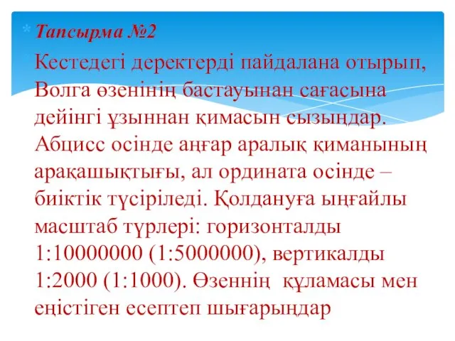 Тапсырма №2 Кестедегі деректерді пайдалана отырып, Волга өзенінің бастауынан сағасына дейінгі