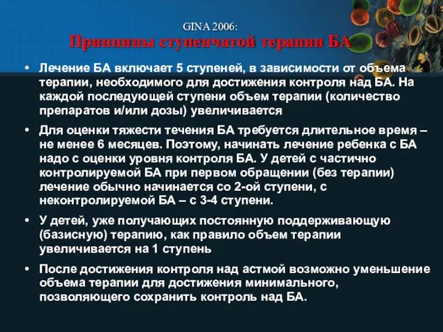 GINA 2006: Принципы ступенчатой терапии БА Лечение БА включает 5 ступеней,