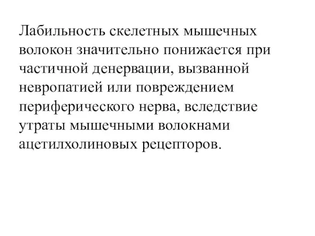 Лабильность скелетных мышечных волокон значительно понижается при частичной денервации, вызванной невропатией