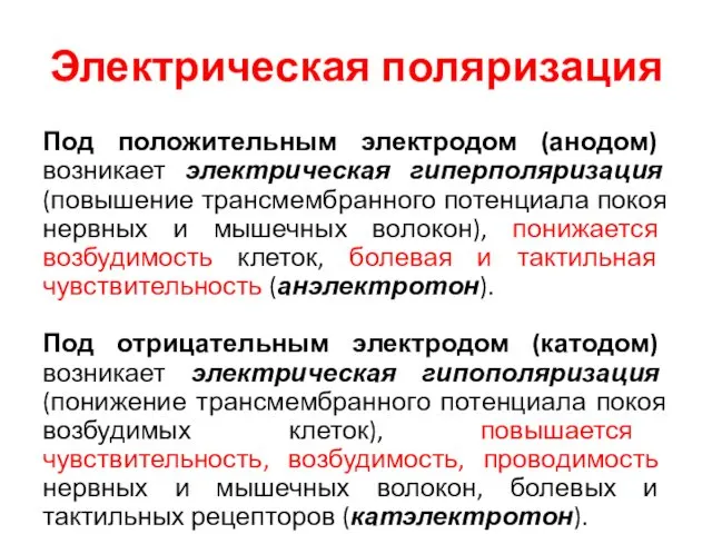 Электрическая поляризация Под положительным электродом (анодом) возникает электрическая гиперполяризация (повышение трансмембранного