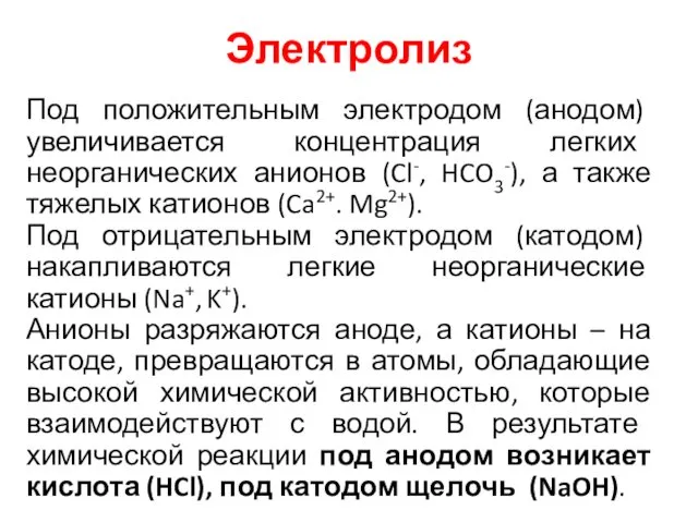 Электролиз Под положительным электродом (анодом) увеличивается концентрация легких неорганических анионов (Cl-,